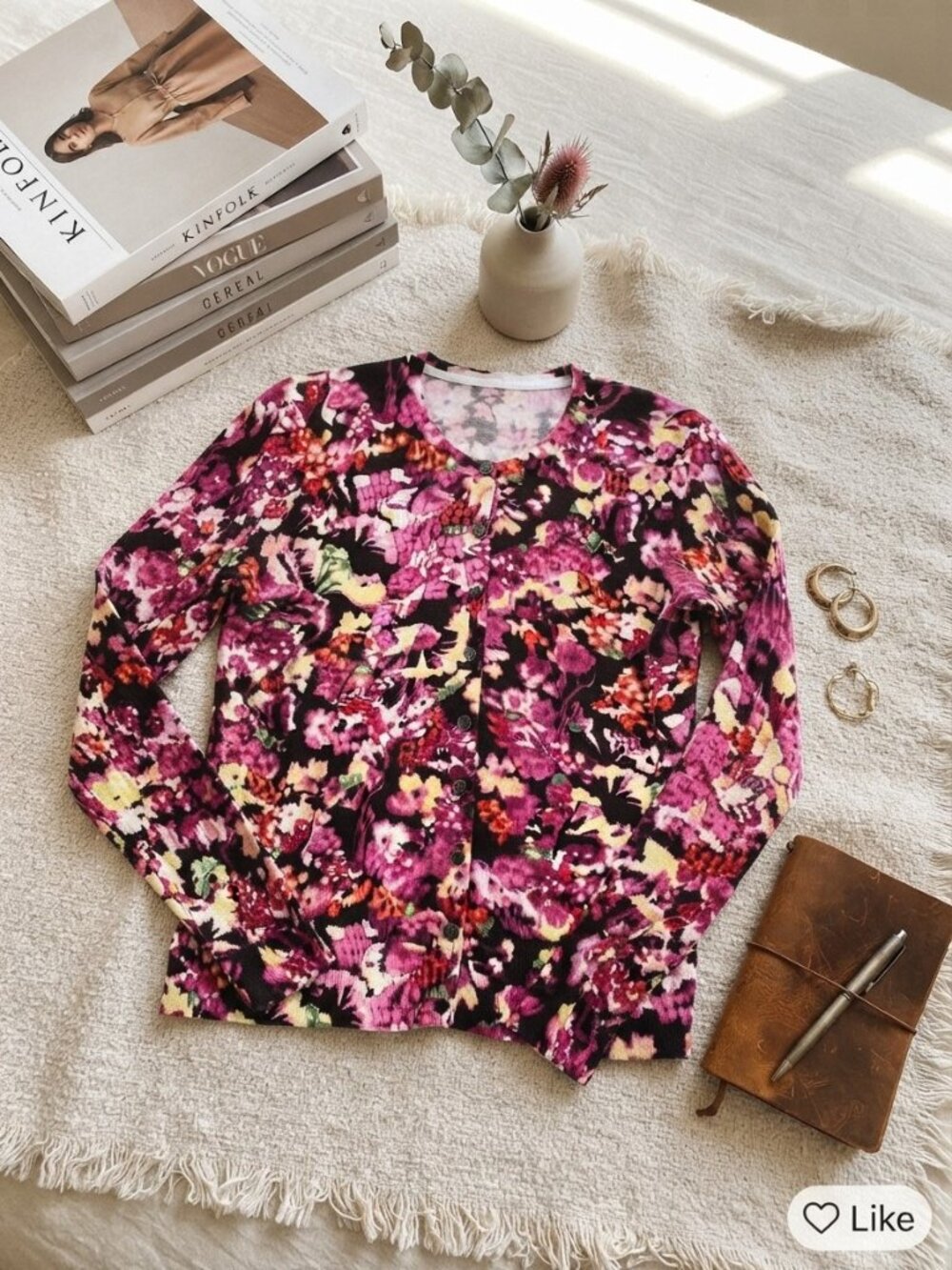Charter Club Floral Print Cardigan Pink Dark Brown L
